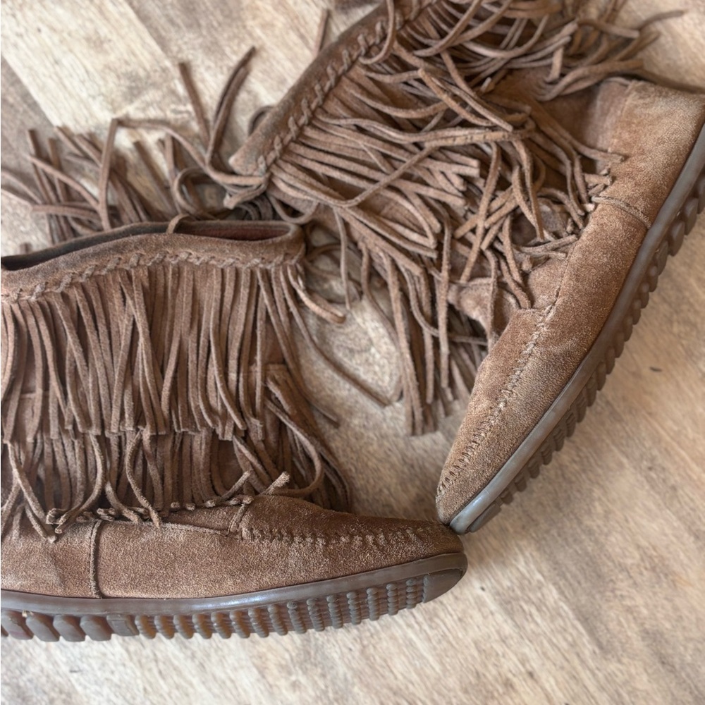 Minnetonka Fringe Suede Ankle Booties - Tan